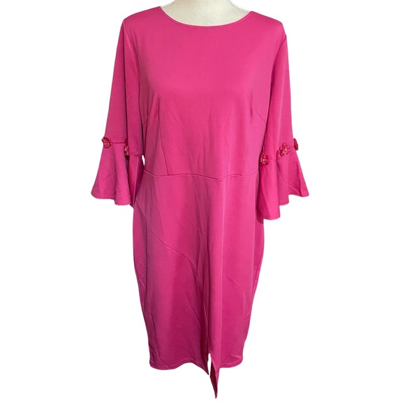 Misslook Pink Midi Dress Size knit spandex bell floral beaded sleeves size 14 - Picture 3 of 16